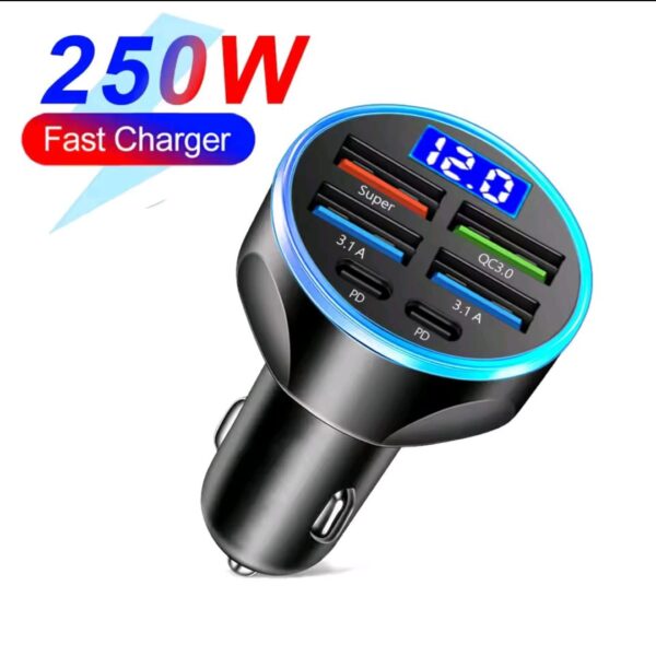 250W PD QC3.0 Fast Car Charger - 6-Port Digital Display USB Hub