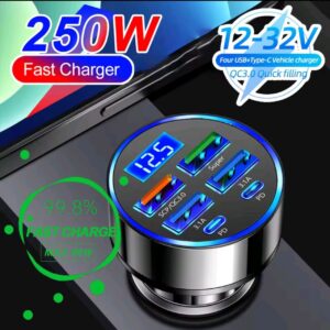 250W PD QC3.0 Fast Car Charger - 6-Port Digital Display USB Hub