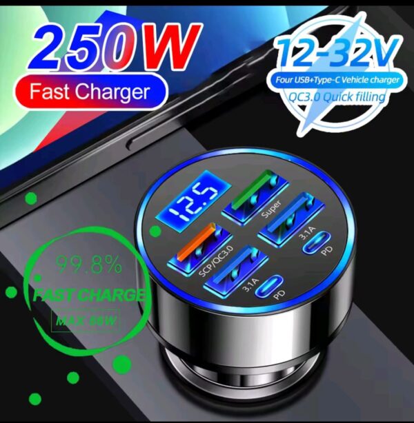 250W PD QC3.0 Fast Car Charger - 6-Port Digital Display USB Hub