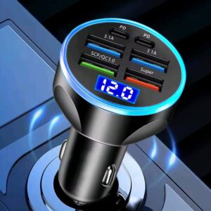250W PD QC3.0 Fast Car Charger - 6-Port Digital Display USB Hub