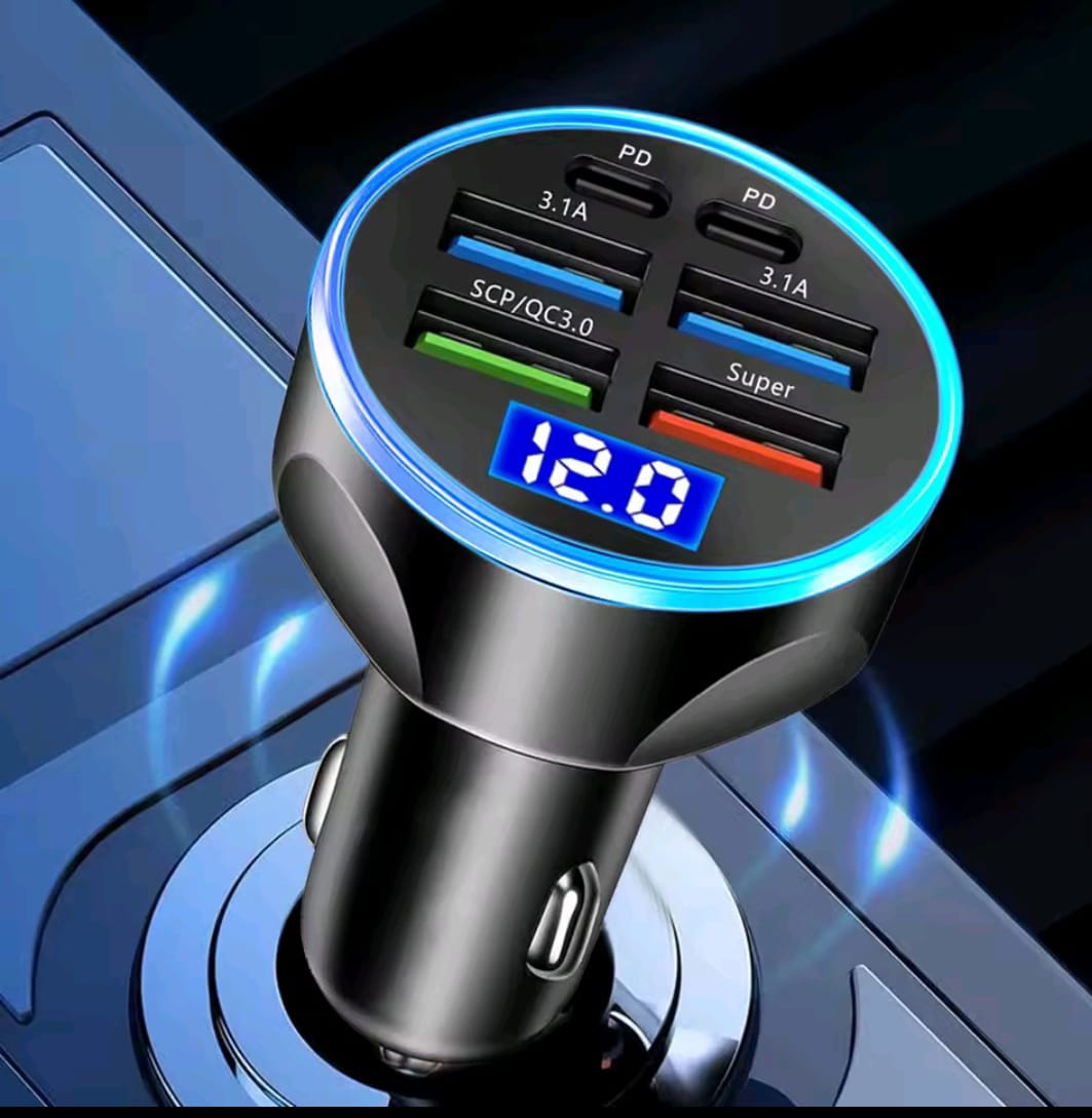 250W PD QC3.0 Fast Car Charger - 6-Port Digital Display USB Hub